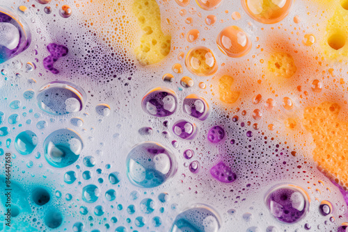 Close-up of soap lather on a sponge with vibrant bubbles, showcasing cleaning and hygiene. photo