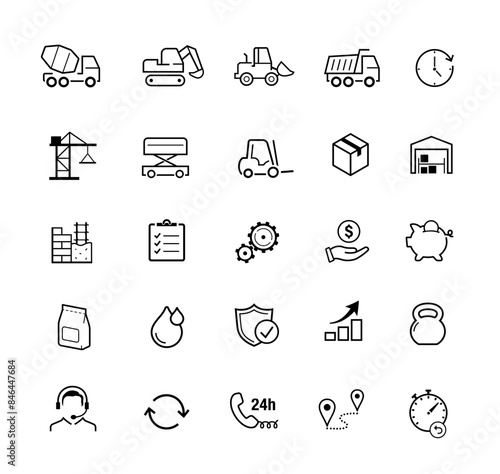 Construction equipment rental and heavy machinery icon set. The outline icons are well scalable and editable. Contrasting vector elements are good for different backgrounds. EPS10.