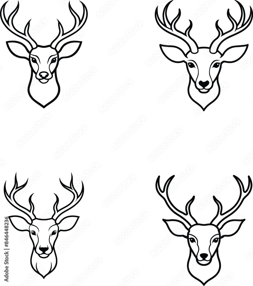 A set of deer black and white outline A set of deer black and white outline