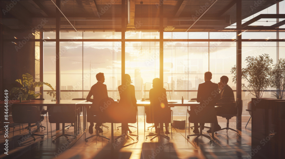 Businesspeople sit in a modern conference room filled with natural light, engaging in a meeting as the sun sets, casting a golden glow. Businesspeople sit in a modern conference room filled with natural light, engaging in a meeting as the sun sets, casting a golden glow.