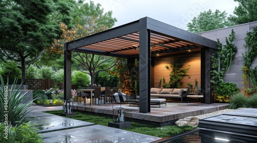 Modern Outdoor Pergola in Lush Garden © Wirestock
