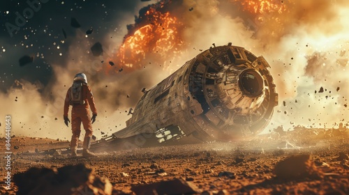 Fototapeta Naklejka Na Ścianę i Meble -  A man stands in front of a crushed spaceship resting on the surface of a planet.