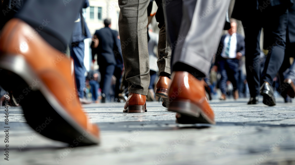 Close-up of business people's feet walking on a bustling city sidewalk, highlighting the rush and routine of daily work life. Close-up of business people's feet walking on a bustling city sidewalk, highlighting the rush and routine of daily work life.