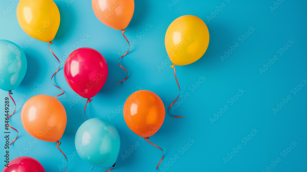 Vibrant balloons in various colors float against a bright blue background, creating a cheerful and festive atmosphere. Vibrant balloons in various colors float against a bright blue background, creating a cheerful and festive atmosphere.