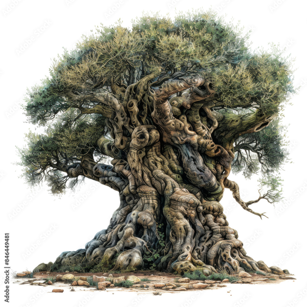 Watercolor illustration of a large ancient olive tree Watercolor illustration of a large ancient olive tree
