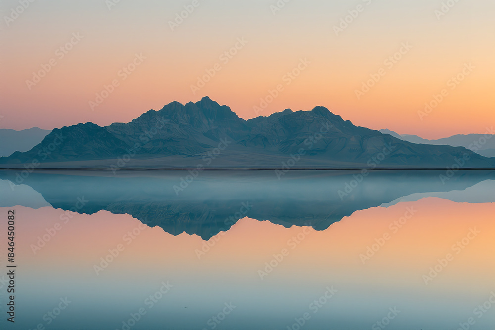 Mountain Range Mirage at Sunset in Desert - Surreal Reflection  