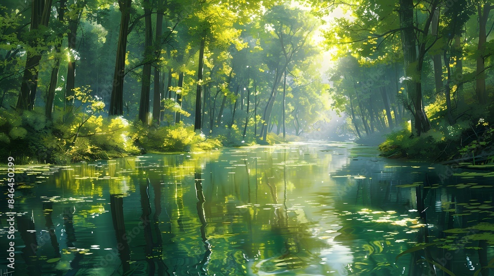 A serene river in the forest, reflecting lush greenery and sunlight filtering through tall trees, creating an atmosphere of tranquility and natural beauty. A serene river in the forest, reflecting lush greenery and sunlight filtering through tall trees, creating an atmosphere of tranquility and natural beauty.