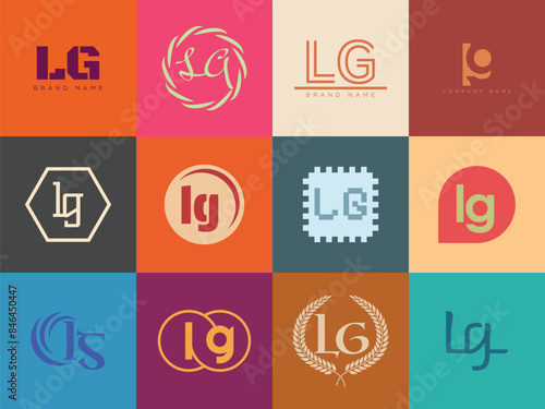 LG logo company template. Letter l and g logotype. Set different classic serif lettering and modern bold text with design elements. Initial font typography.