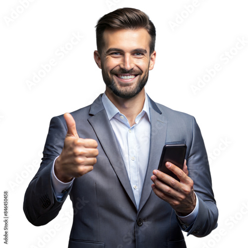 Smiling businessman giving thumbs up while holding smartphone photo