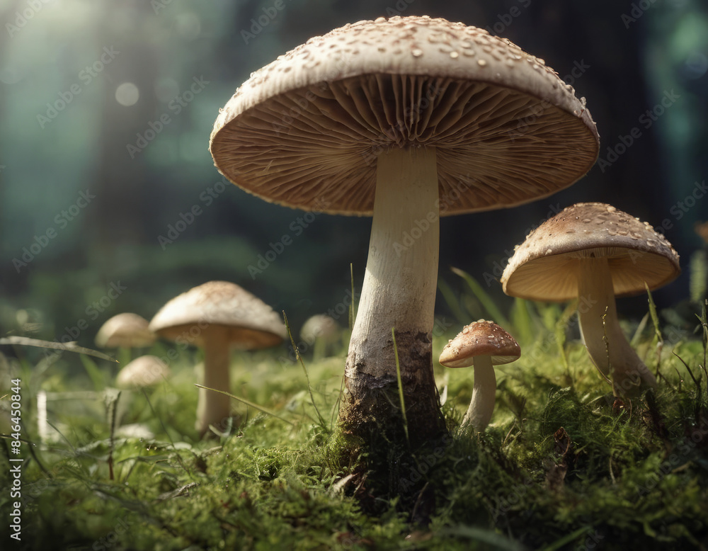 Un fungo si fa strada tra l'erba alta e le foglie verdi. Un fungo si fa strada tra l'erba alta e le foglie verdi.