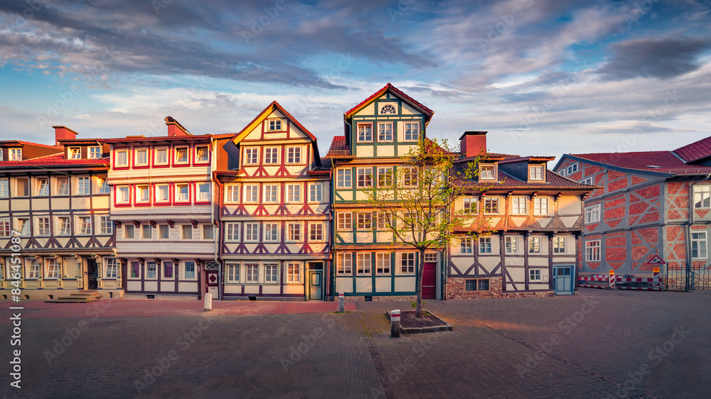 Fototapeta premium Traditional german architecture in Wolfenbuttel village. Facade of the authentic fahverk houses. Wolfenbuttel, Germany, Europe. Architectural background. Travel the world.
