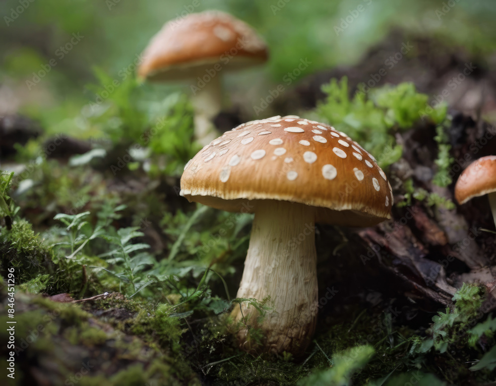Un gruppo di funghi spunta in un angolo umido e verdeggiante del bosco, tra felci e muschio. Un gruppo di funghi spunta in un angolo umido e verdeggiante del bosco, tra felci e muschio.