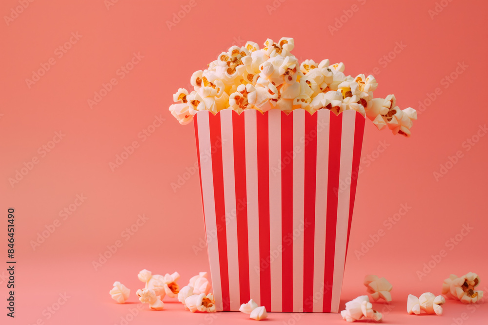 A red and white striped popcorn bucket full of fluffy, buttery popcorn, bold colors of background A red and white striped popcorn bucket full of fluffy, buttery popcorn, bold colors of background