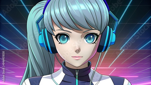 Modern Cyber Minimalist Manga Woman Listening to Music