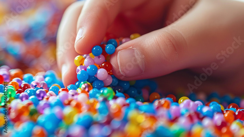 Hand gently playing with colorful beads