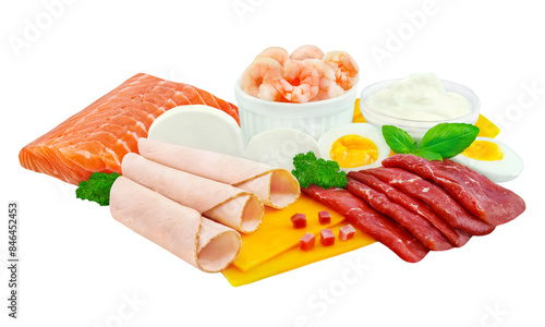 Proteinreiche Nahrungsmittel mit Fleisch, Käse, Ei, Fisch und Shrimps  Hintergrund transparent PNG cut out
