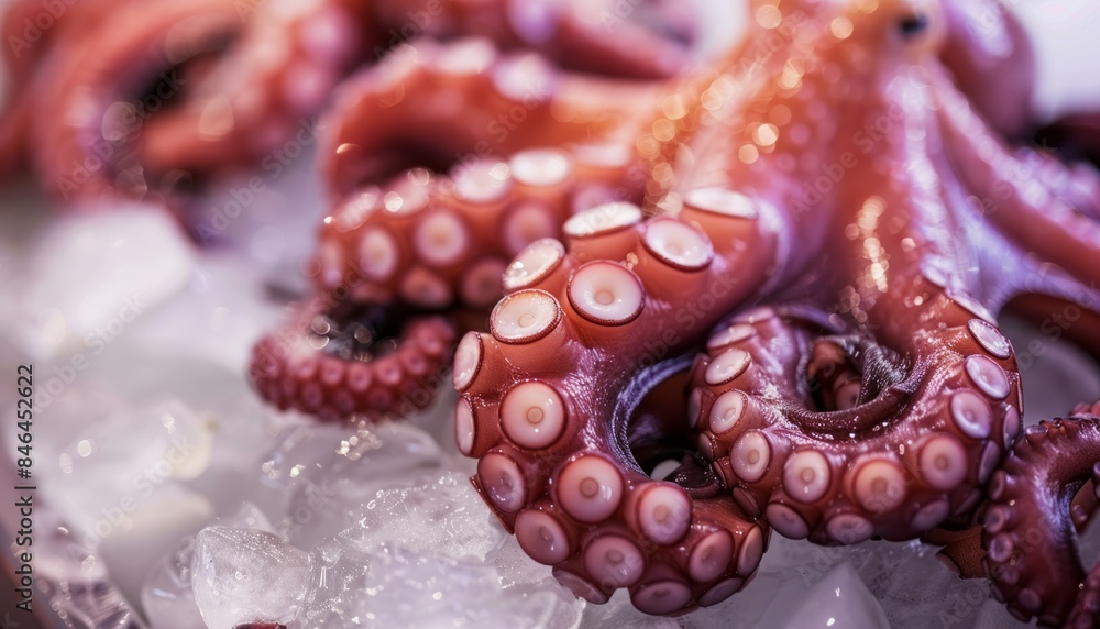 Octopus on Ice: A Close-Up Look at its Suction Cups, Ready for Sale at the Market Octopus on Ice: A Close-Up Look at its Suction Cups, Ready for Sale at the Market
