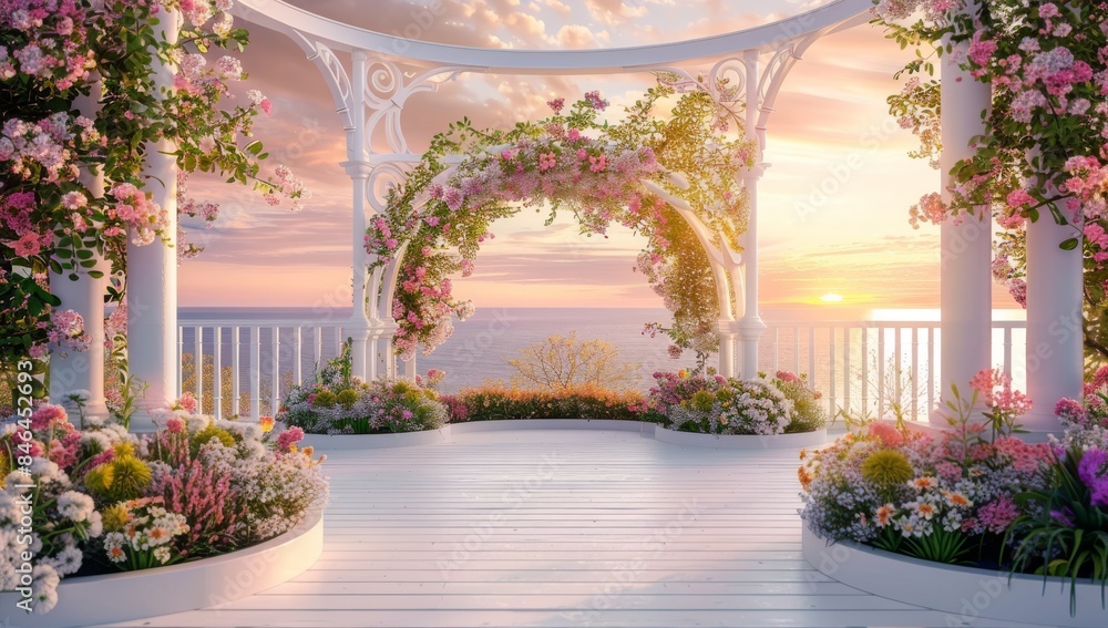 A white circular arch with a white wooden floor, surrounded by blooming flowers and trees.