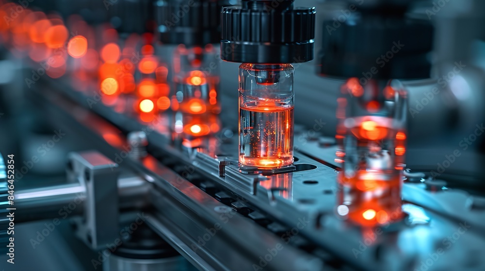 Close-up view of a glass vial filling and capping process on a conveyor belt in an industrial factory Close-up view of a glass vial filling and capping process on a conveyor belt in an industrial factory