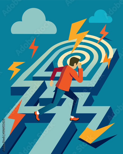 The persons energy and motivation quickly dwindles as they continue traversing through the neverending maze of stress.. Vector illustration