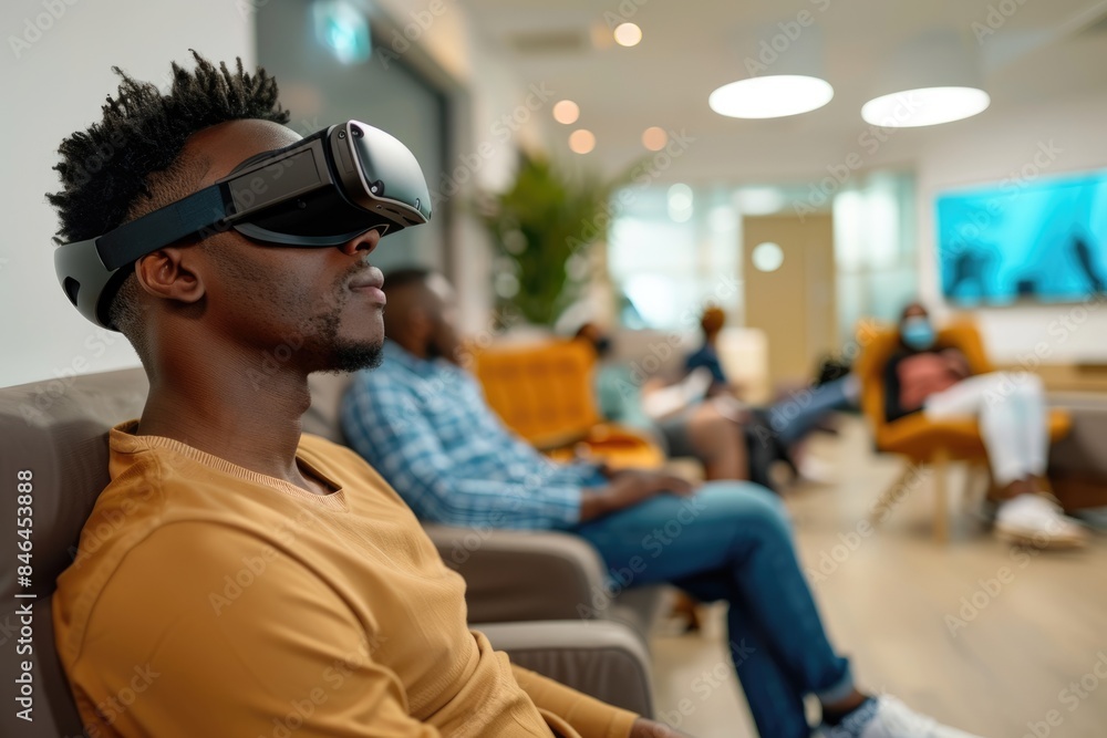 Men watching VR videos in the lounge Men watching VR videos in the lounge
