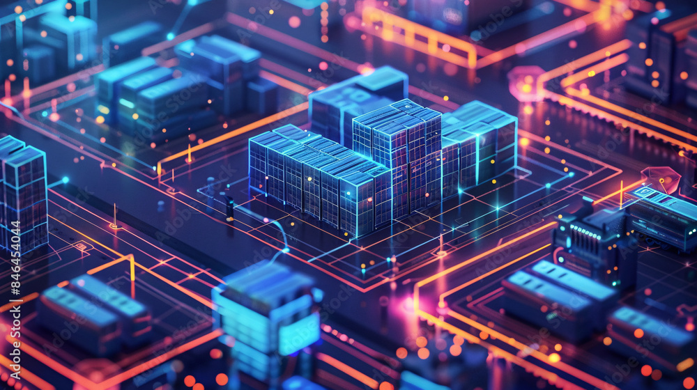 Futuristic cityscape with buildings resembling computer circuitry and data blocks, illuminated by neon lights and glowing pathways Futuristic cityscape with buildings resembling computer circuitry and data blocks, illuminated by neon lights and glowing pathways