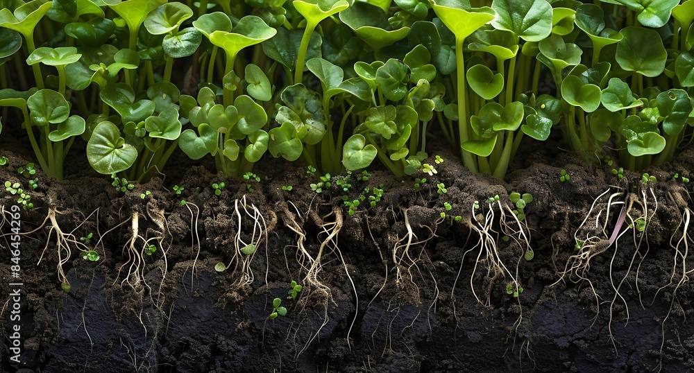 Diverse green seedlings are growing in the soil cross section with ...