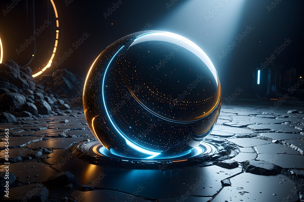 Futuristic Sphere with Blue and Orange Lights.