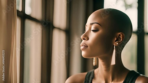 Bald black woman meditating. Happy african american female with shaved head practicing wellness yoga & meditation. Alopecia awareness hair loss