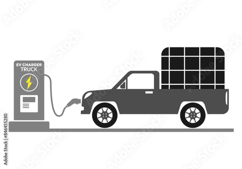 Electric pickup truck refueling charger connector flat design side view. Charger station for electric car or truck refueling energy to battery.