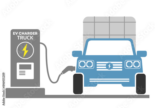 Electric pickup truck refueling charger connector flat design. Charger station for electric car or truck refueling energy to battery.