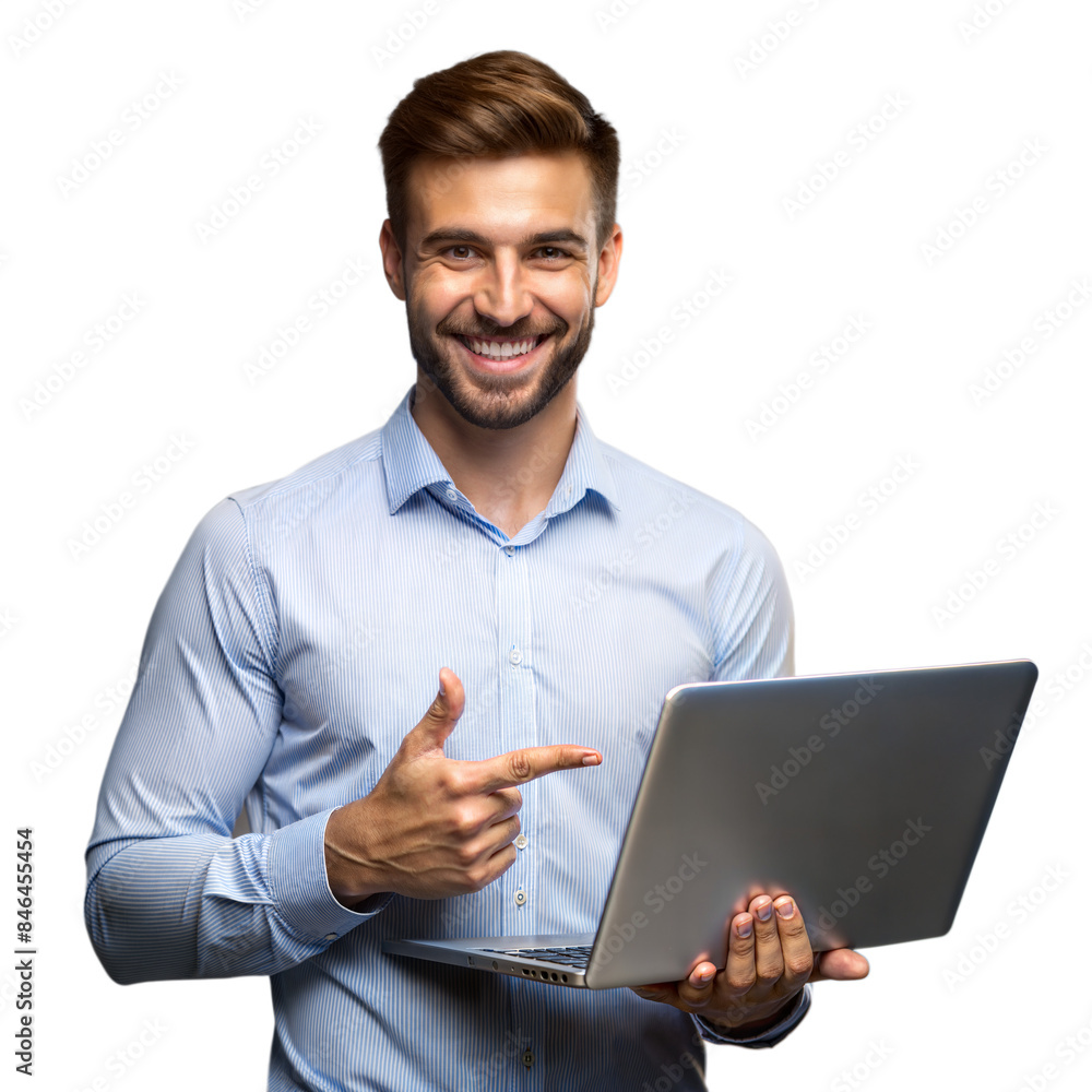 Smiling man holding and pointing at laptop on transparent background Smiling man holding and pointing at laptop on transparent background