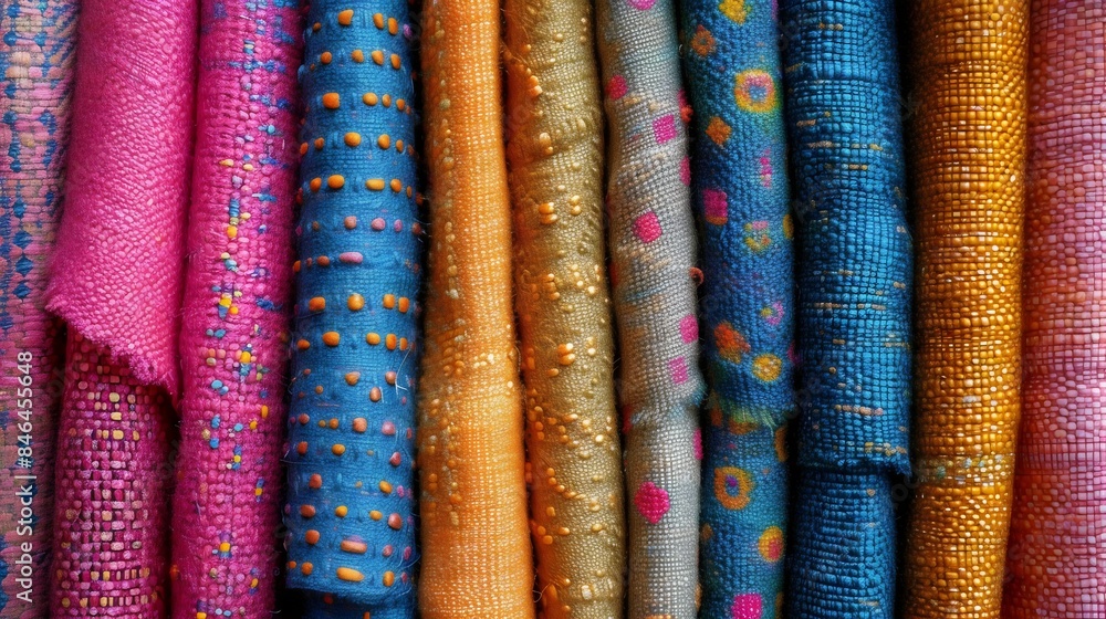 A row of colorful fabrics with a variety of patterns and colors A row of colorful fabrics with a variety of patterns and colors