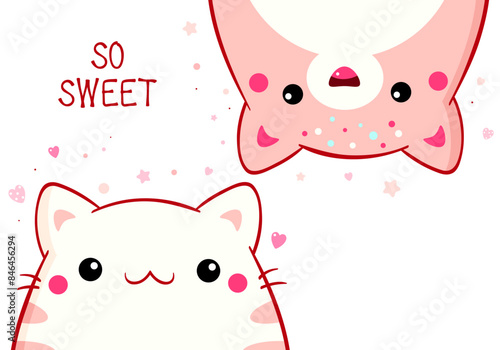 Cute warm card with kittens. Two lovely cats and Inscription So sweet. Can be used for t-shirt print, stickers, greeting card design. Vector illustration EPS8