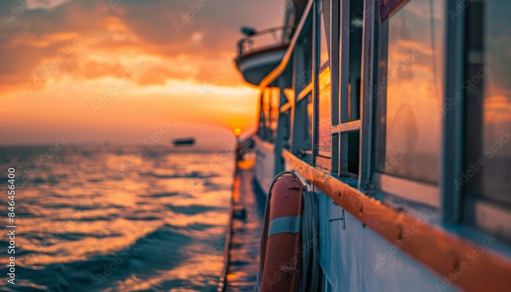 Sailing into the Sunset: A Stunning Close-Up of a Passenger Boat Sailing into the Sunset: A Stunning Close-Up of a Passenger Boat
