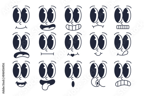 Vintage Retro Cartoon Character Facial Expressions Set. Vector Illustration