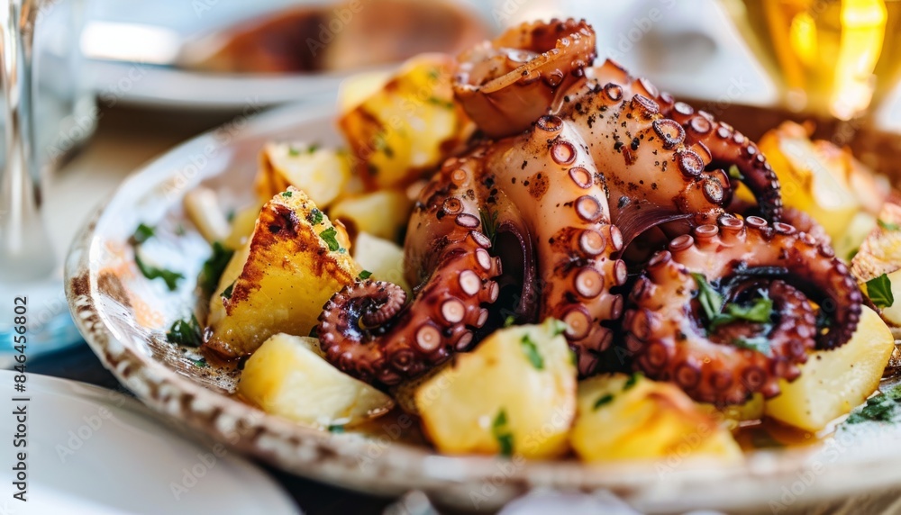 Garlic Octopus Delight: A Close-up Culinary Masterpiece Served with Sauteed Potatoes at a Fine Dinin Garlic Octopus Delight: A Close-up Culinary Masterpiece Served with Sauteed Potatoes at a Fine Dinin