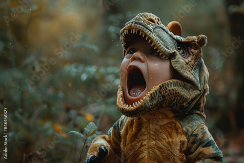 A cute child pretending to be a dinosaur, with a big roaring expression, in a garden or park setting photo