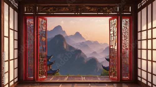 Generative AI. Indulge in Eastern luxury with this magnificent Chinese-style room. The rich wooden doors and windows exude a sense of grandeur, while the intricate design pays homage to ancient crafts