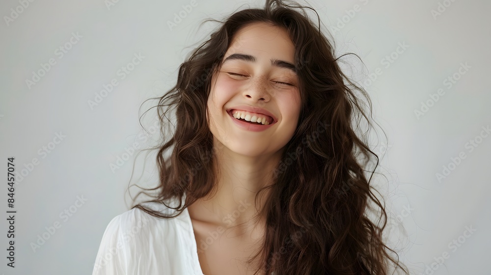 Fototapeta premium A woman with long hair laughing and smiling, wearing white , against a light background. creating an atmosphere filled with warmth and positivity.