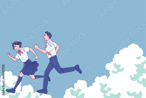 笑顔で走り出す男女の学生