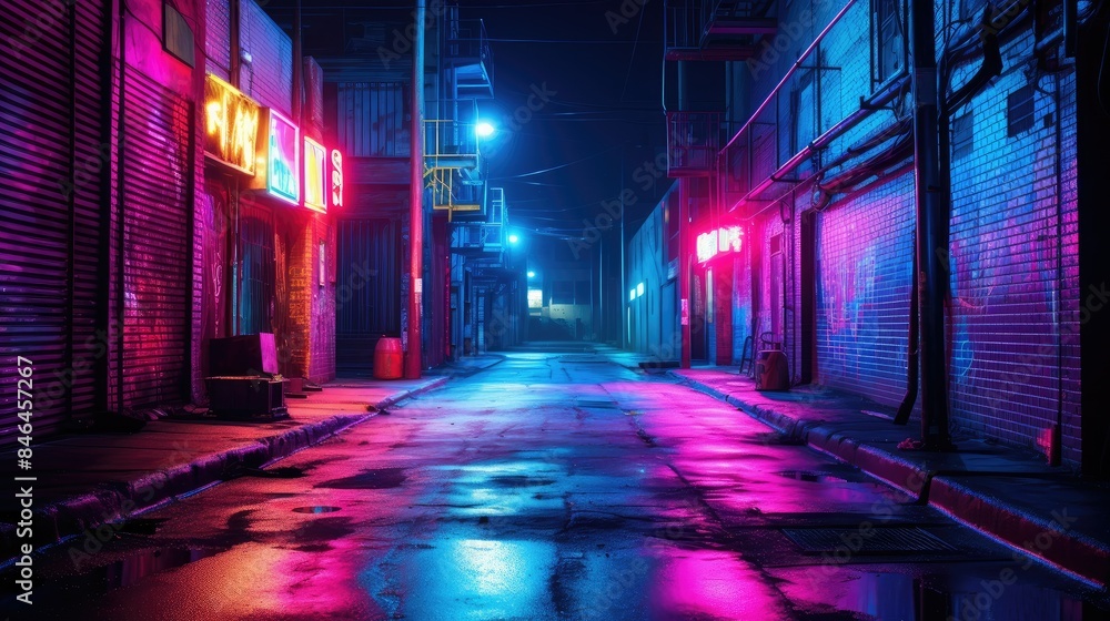 Luminous neon lights illuminating dark alley Luminous neon lights illuminating dark alley