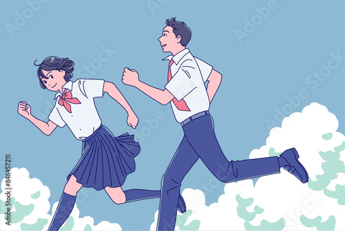 笑顔で走り出す男女の学生