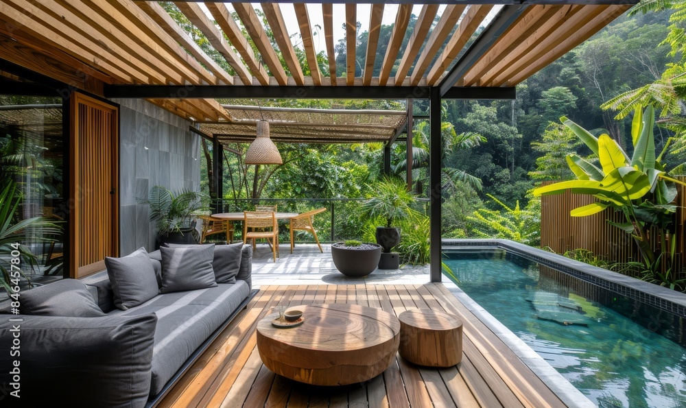 Fototapeta premium A wooden pergola and outdoor seating area with grey sofas, a natural wood table, a pool in the background