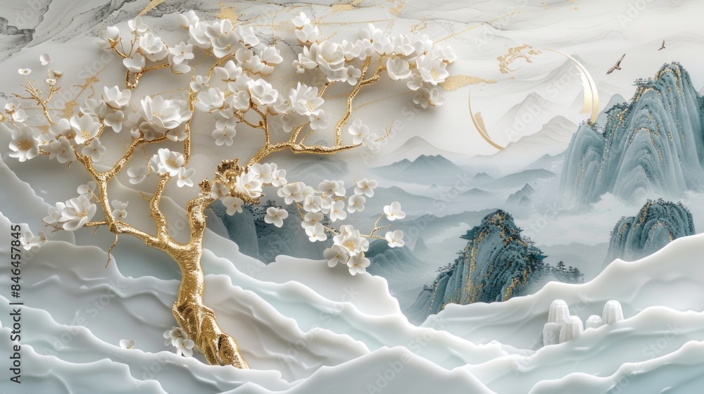 3D wallpaper with a white tree and golden leaves, a marble background with a landscape. 3D wallpaper with a white tree and golden leaves, a marble background with a landscape.