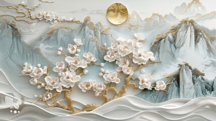 3D wallpaper with a white tree and golden leaves, a marble background with a landscape.