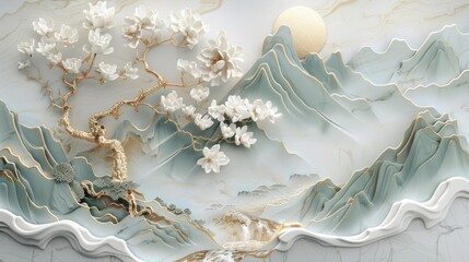 3D wallpaper with a white tree and golden leaves, a marble background with a landscape.