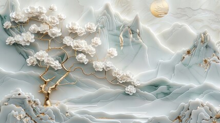 3D wallpaper with a white tree and golden leaves, a marble background with a landscape.