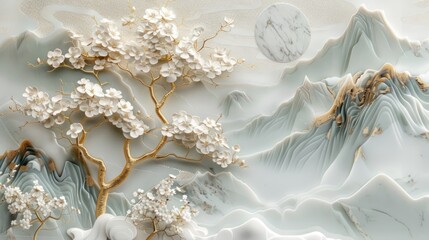 3D wallpaper with a white tree and golden leaves, a marble background with a landscape.