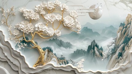 3D wallpaper with a white tree and golden leaves, a marble background with a landscape.